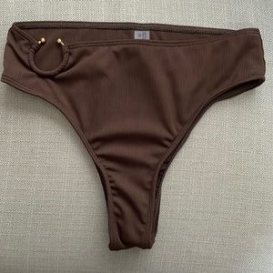 Women's Ribbed Knit Ring linked bikini bottom, Brown, Size Small